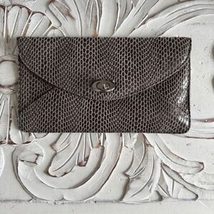 Sorial Rubina Coco snakeskin embossed leather slim clutch in a gray tan color